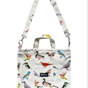 Lesley Evers Bird Print Canvas Crossbody Tote - White with Multicolor Birds